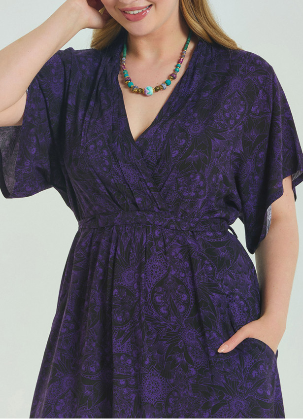 V Neck Pleated Detail Purple Summer Plus Size Dress 4605